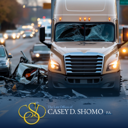 A large truck and car sitting on the highway in Jupiter, following a serious car vs. truck accident.