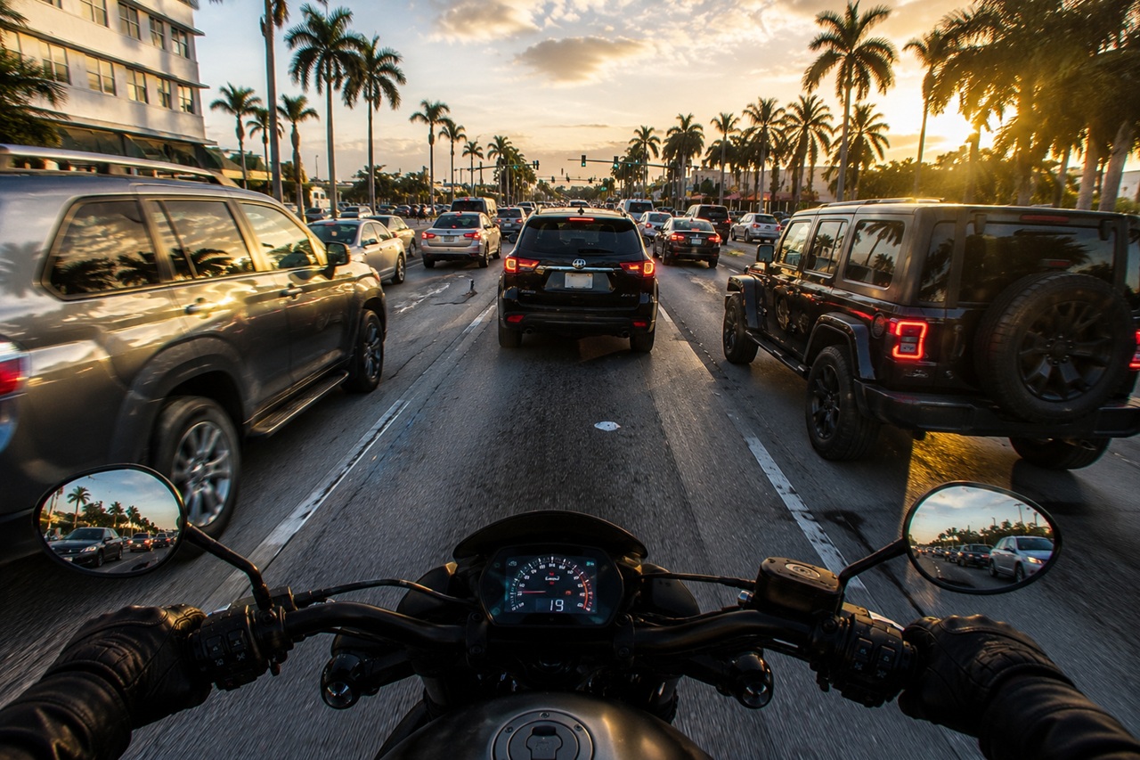 A first-person view from a motorcycle navigating dense, multi-lane traffic on a palm-lined Florida road at sunset, illustrating the congested driving environments that contribute to the state's motorcycle fatality statistics.