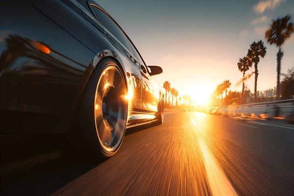 Black sports car driving fast on a Florida highway at sunset. (1573269016)