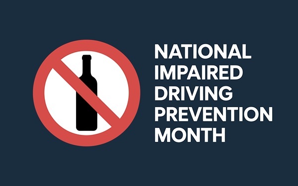 A graphic for National Impaired Driving Prevention Month showing a silhouette of a bottle inside a red prohibition circle on a dark blue background. (1827938855)