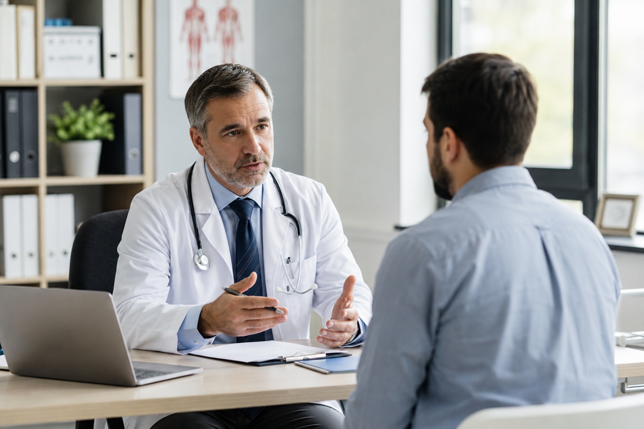A professional male doctor in a white lab coat and stethoscope sits at a desk, gesturing with his hands while speaking directly to a male patient with his back to the camera, representing physician-patient consultations, diagnostic errors, and legal options for medical malpractice claims in Florida.