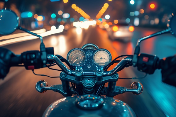 Cropped image of motorbike in the night, first point view. 738921025