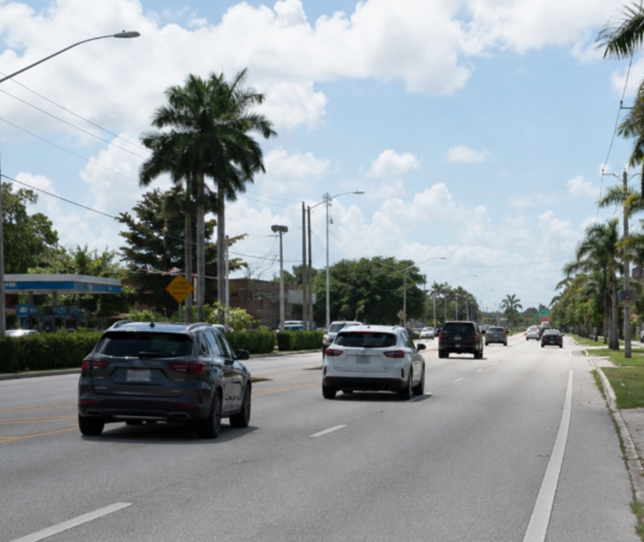 Vehicles travel along a palm-lined multilane road in South Florida under a bright summer sky, depicting the type of busy urban corridor targeted by Operation Southern Slowdown 2026, a Florida law enforcement initiative aimed at reducing speeding and aggressive driving crashes on high-risk roadways.